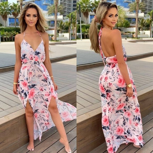 Dresses & Skirts - Pink Floral Print Sleeveless Halter Neck V-Neck Backless Front Slit Maxi Dress